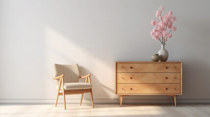 Interior of minimal living room with wooden chair, chest of drawers and vase with flowers near the wall, extremely modern and minimalistic style, Sweet home, relax, window light, Generative AI.