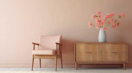 Fototapeta na wymiar Interior of minimal living room with wooden chair, chest of drawers and vase with flowers near the wall, extremely modern and minimalistic style, Sweet home, relax, window light, Generative AI.