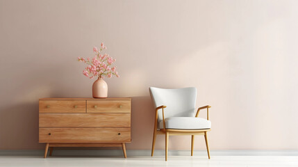 Interior of minimal living room with wooden chair, chest of drawers and vase with flowers near the wall, extremely modern and minimalistic style, Sweet home, relax, window light, Generative AI.