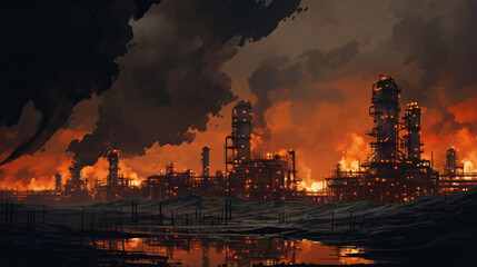 Burning oil refinery Generative AI illustration
