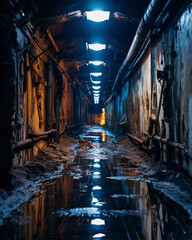 Cyberpunk Chronicles: Futuristic Rendering of an Underground Hallway in an Abandoned City - A Glimpse into a Dystopian Future