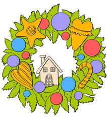 color illustration carton flat style Christmas tree toy New Year wreath decor bright design element sticker postcard