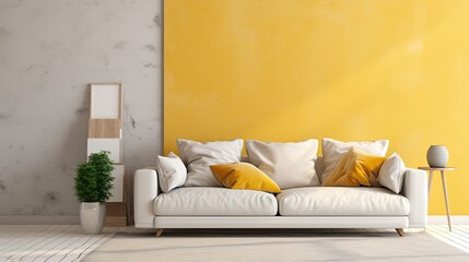 Modern minimalist living room with yellow walls and a sofa.