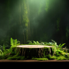 Fototapeta premium Wooden podium tabletop blurs the green backdrop, Green moss thrives on the aged log stage, green podium for nature product display, showcase, studio lighting, Generative AI.