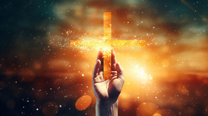 Christian worship hand on light cross background