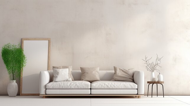 The minimalist living room has a sofa and beige walls.