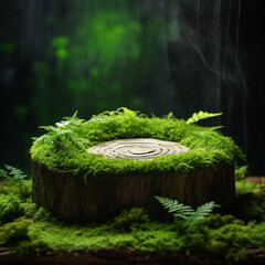 Wooden podium tabletop blurs the green backdrop, Green moss thrives on the aged log stage, green podium for nature product display, organic product showcase, studio lighting, Generative AI.