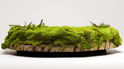Fototapeta premium Wooden podium tabletop blurs the green backdrop, Green moss thrives on the aged log stage, green podium for nature product display, showcase, studio lighting, Generative AI.
