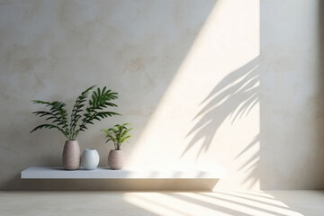 Minimalist interior design with shadows and sunlight. Composition of plants in stylish pot in white living room. Generative AI