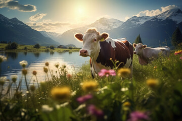 Fototapeta na wymiar Cow on the flowered meadows. Nature with wild flowers and mountains in the background. Generative AI