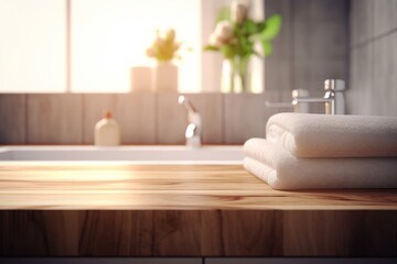 Fototapeta na wymiar Wooden tabletop with blurred bathroom background. Modern bathroom interior selective focus. Generative AI