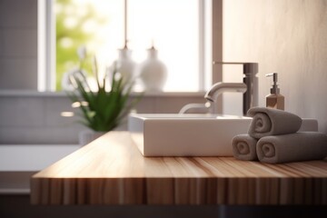 Wooden tabletop with blurred bathroom background. Modern bathroom interior selective focus. Generative AI