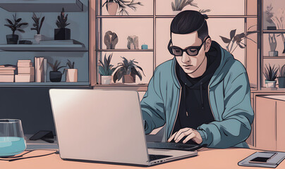 Man with laptop working programmer hologram creating