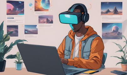 Man with laptop working programmer hologram creating