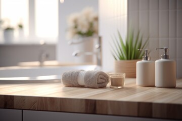 Wooden tabletop with blurred bathroom background. Modern bathroom interior selective focus. Generative AI