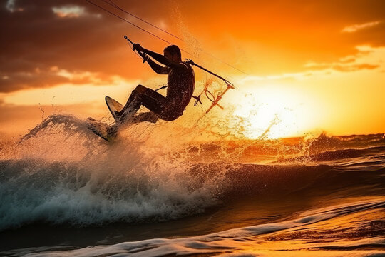 Kitesurfer in action on a beautiful background of spray during the sunset
