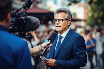 Television report from the scene. Male TV presenter covers the events and demonstration while standing in front of a television camera with a microphone.
