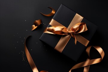 Dark gift box with satin ribbon and bow on black background. Holiday gift with copy space. Birthday or Christmas present, flat lay, top view. Christmas giftbox concept. Generative AI