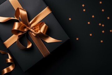 Dark gift box with satin ribbon and bow on black background. Holiday gift with copy space. Birthday or Christmas present, flat lay, top view. Christmas giftbox concept. Generative AI