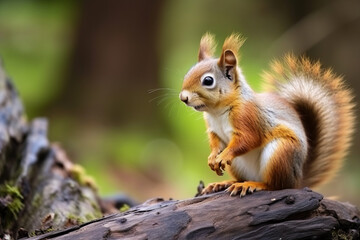 Naklejka na ściany i meble A cute little american red squirrel (Tamiasciurus hudsonicus) sitting on a tree stump, eating seeds