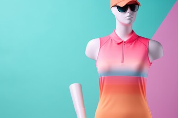 Composition with sportswear on mannequin on pastel background. Trendy colorful sportswear. Fitness, sports concept. Advertising, studio product photography. Generative AI