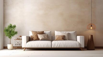 The minimalist living room has a sofa and beige walls.