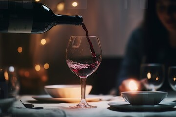 Elegant Celebration, pouring red wine in glass during dinner celebration with a bokeh background,A Toast to Moments of Joy and Togetherness