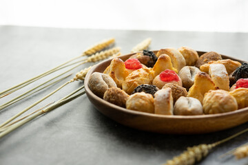 Panellets. Traditional Catalan sweet that is eaten in autumn. For halloween. Coconut, pine nuts, chocolate, cherry, quince, coffee, almond