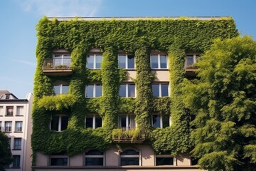 Facade of a building covered with ivy. Plants growing on the facade. Ecology and green living in...