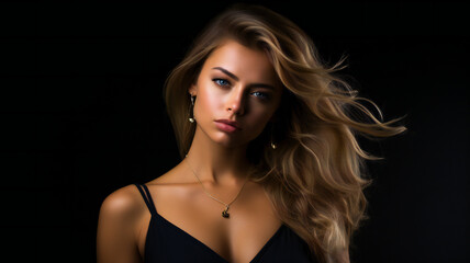 Fototapeta premium Fashion Portrait on a Dark Background. Beautiful Woman Posing on Black