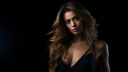 Fashion Portrait on a Dark Background.  Beautiful Woman Posing on Black