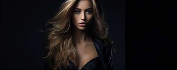 Fototapeta premium Fashion Portrait on a Dark Background. Beautiful Woman Posing on Black