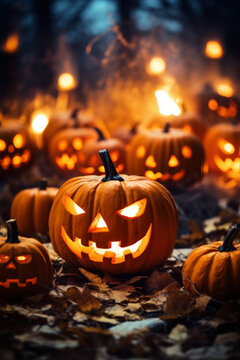 Group of spooky Halloween Jack o Lanterns lit at night