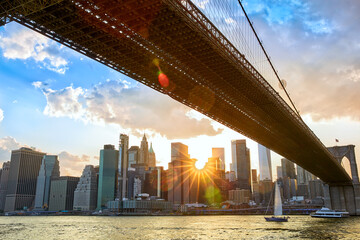 Manhattan Financial District and Brooklyn Bridge at sunset in New York City