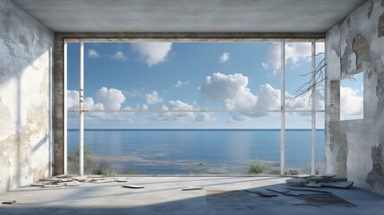 Calm sea view from interior of damaged building