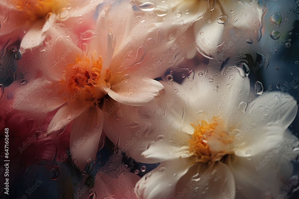 Wall mural background of blooming flowers in front of glass with water drops.