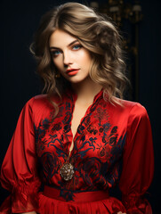 Beautiful  woman posing in red dress