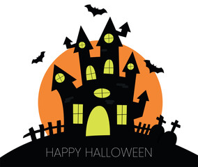 Happy Halloween card with black house,a tree and orange moon.Vector illustration for poster, banner, special offer, discount.