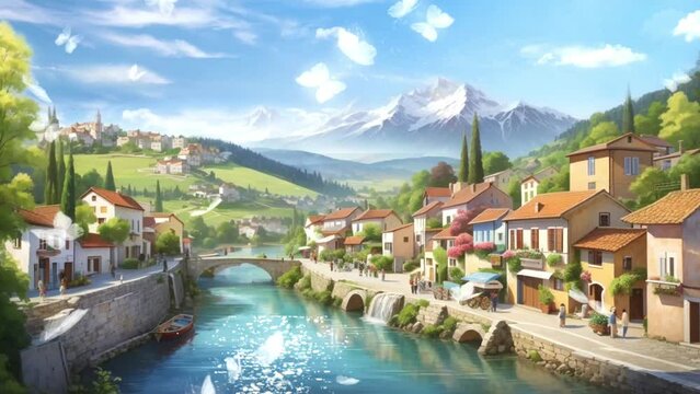 vintage city landscape with mountain and river, seamless looping video background animation, cartoon style