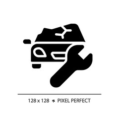 2D pixel perfect glyph style car damage icon, isolated vector, simple silhouette illustration representing car service and repair.