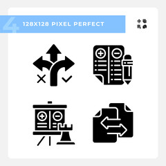 2D pixel perfect silhouette icons set representing comparisons, glyph style illustration