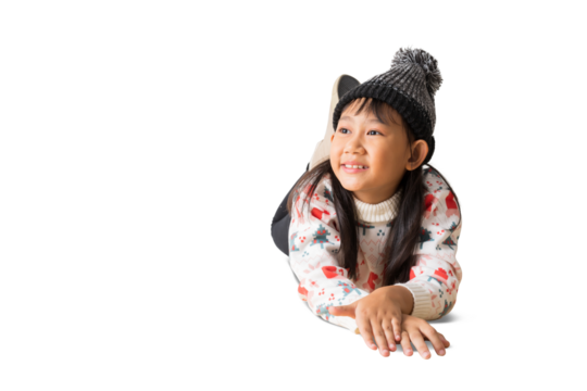 Portrait of attractive cheerful Asian little girl thinking looking lie down on floor festal Christmas day December winter, full body, isolated on white and transparent background