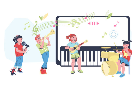 Kids play musical instruments, children development and creativity concept. Children play music on various instrument, flat cartoon vector illustration on white background.