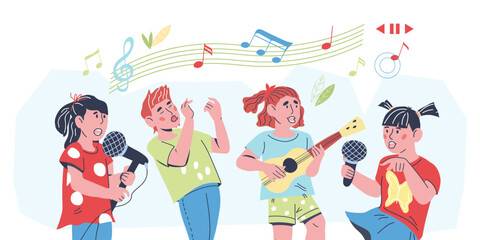 Fototapeta na wymiar Banner with children singing a song, flat vector illustration isolated on white background. Kids music lessons and karaoke banner. Vocal talents show and chorus.