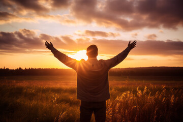 Man raising arms to golden sunset, greeting sun