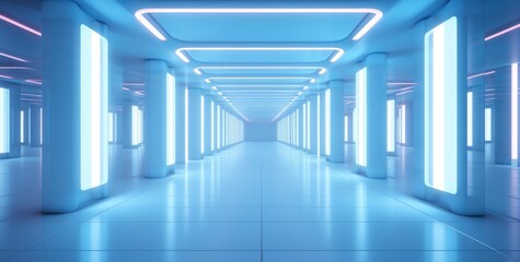 Obraz premium 3D Rendering: An artistic representation of a dimly lit room bathed in the vibrant glow of neon laser lights within a futuristic sci-fi tunnel.