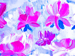 Pink abstract  flowers, original hand drawn, impressionism style, color texture, brush strokes of paint,  art background.