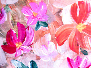Obraz na płótnie Canvas Pink abstract flowers, original hand drawn, impressionism style, color texture, brush strokes of paint, art background.