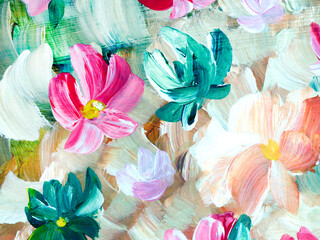 Abstract  daisy flowers, original hand drawn, impressionism style, color texture, brush strokes of paint,  art background. - 647162687
