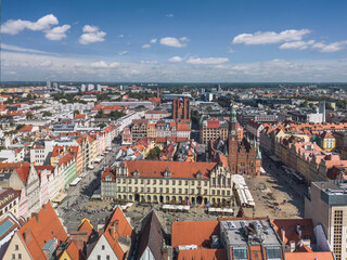 Fototapeta na wymiar Aerial view of the Old Market square in Wrocław, Poland (Wrocławski Rynek). Panoramic cityscape on a sunny summer day